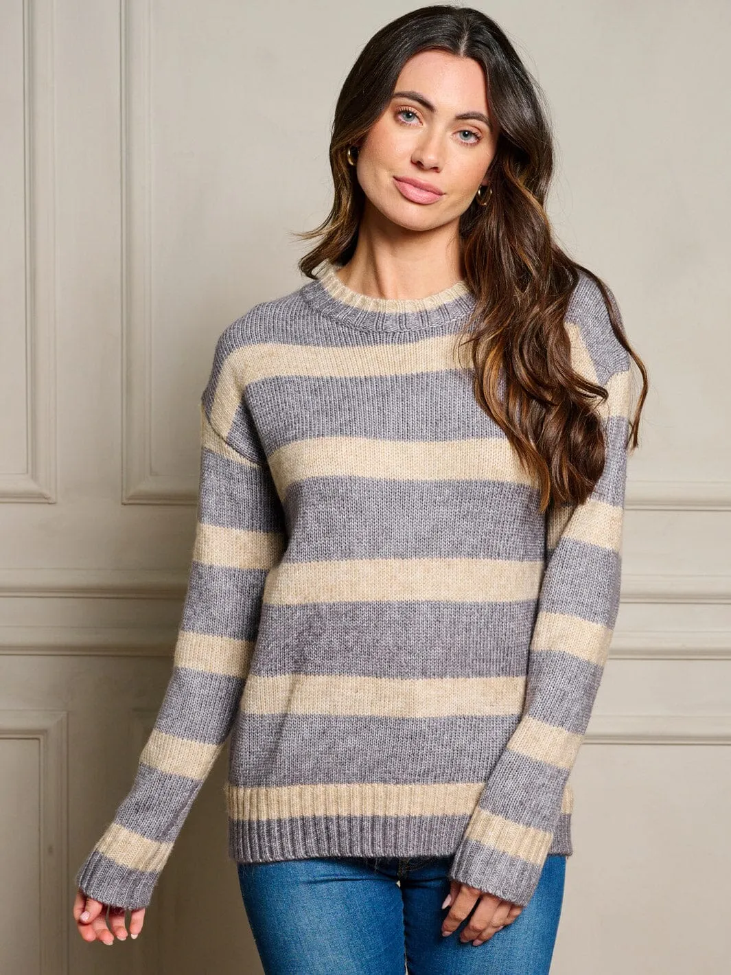 WOMEN'S LONG SLEEVE STRIPES COLORBLOCK PULLOVER SWEATER