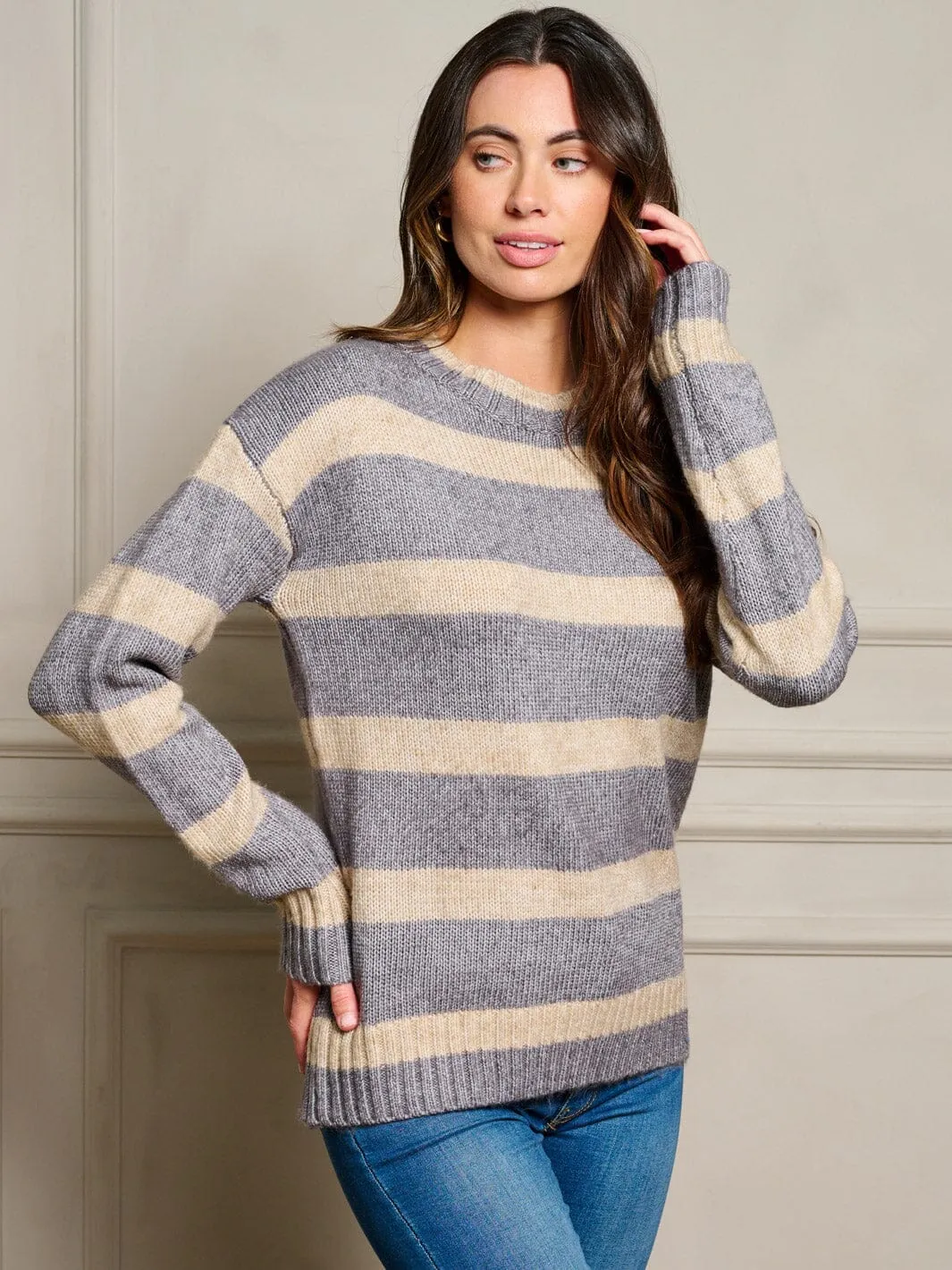 WOMEN'S LONG SLEEVE STRIPES COLORBLOCK PULLOVER SWEATER