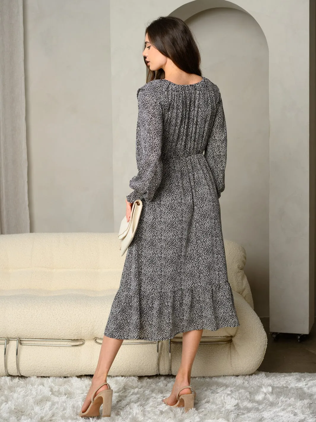 WOMEN'S PRINTED LONG SMOCKED CUFF SLEEVE MINI DRESS