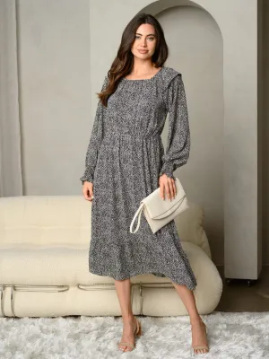 WOMEN'S PRINTED LONG SMOCKED CUFF SLEEVE MINI DRESS