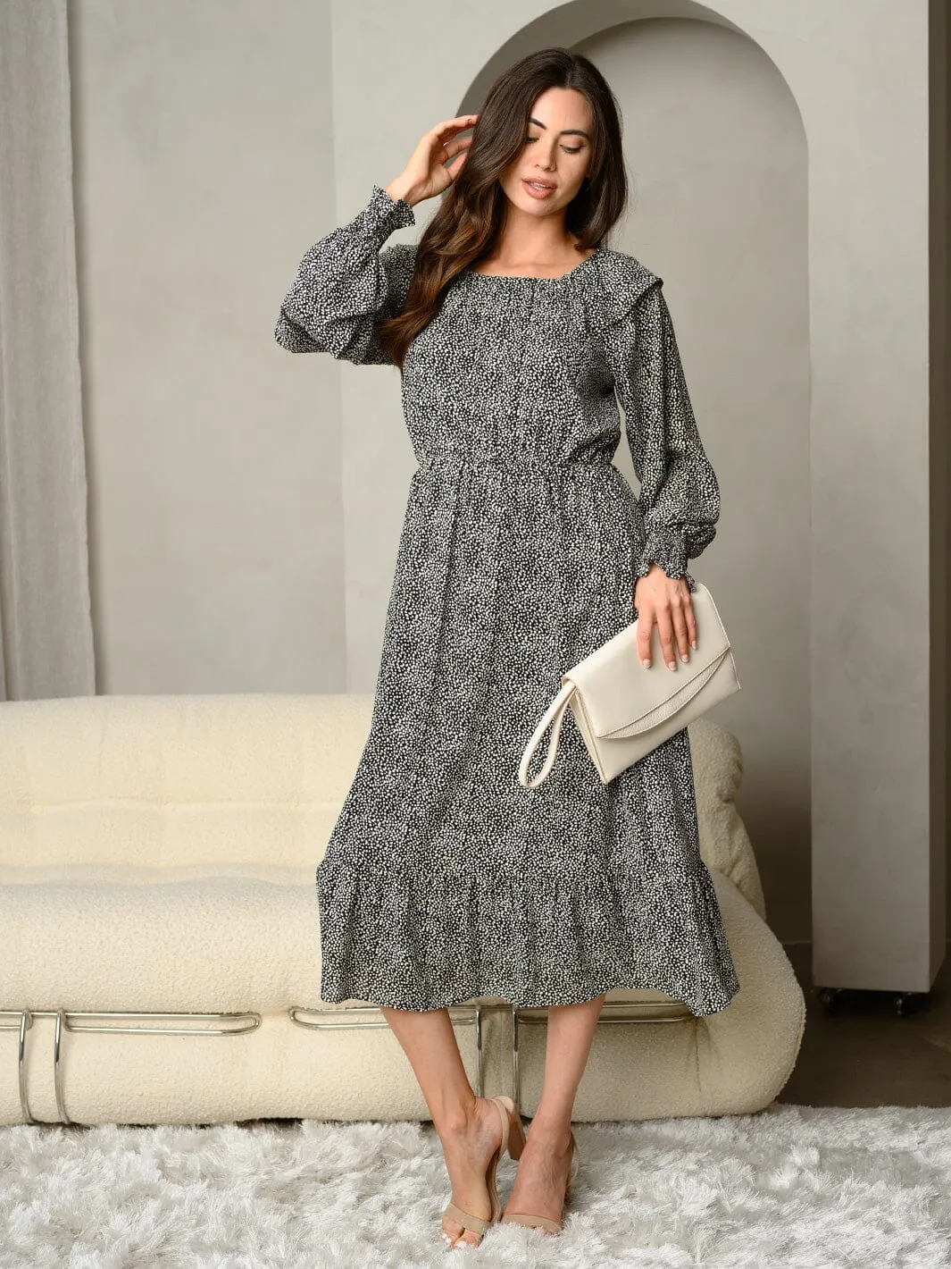 WOMEN'S PRINTED LONG SMOCKED CUFF SLEEVE MINI DRESS
