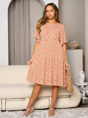 WOMEN'S SHORT SLEEVE TIERED FLORAL MIDI DRESS