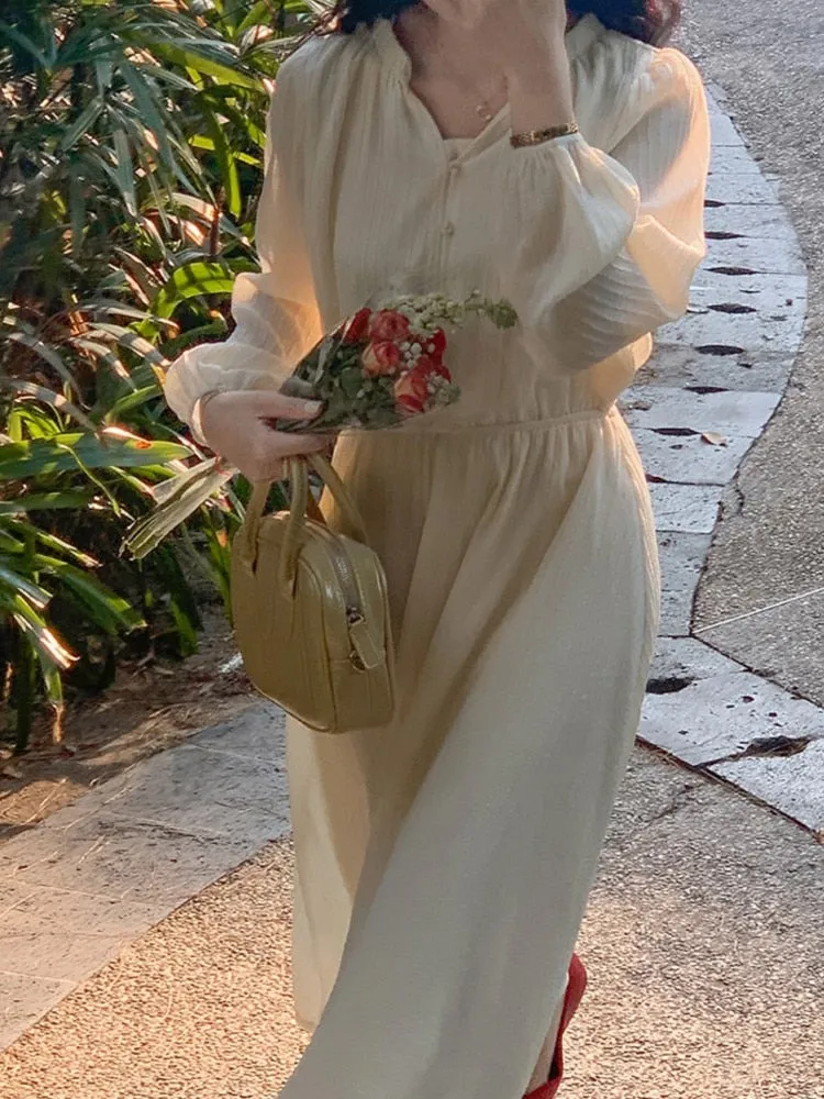 Women's  Vintage Midi Dress Long Sleeve V-neck Slim Waist Buttoned Dress