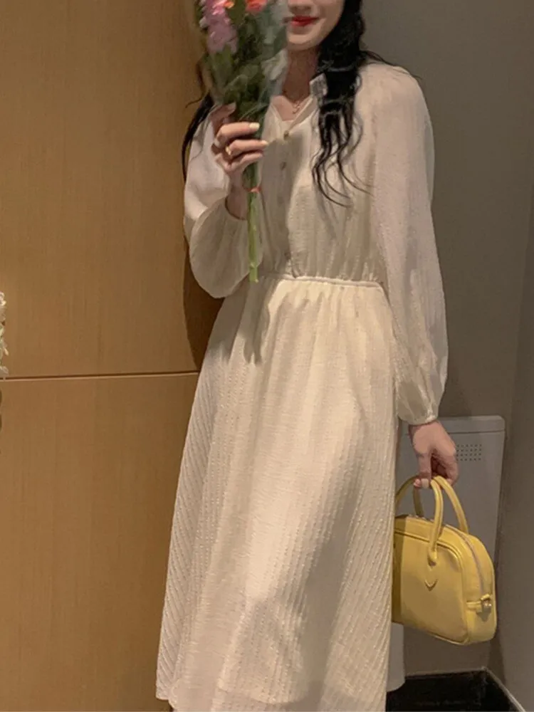 Women's  Vintage Midi Dress Long Sleeve V-neck Slim Waist Buttoned Dress